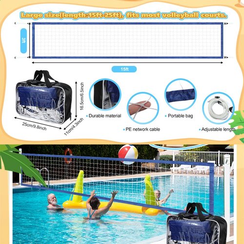 Swimming Pool Volleyball Net, 15x3ft Heavy Duty P-ool Volleyballs Nets, Portable Pools Volleybal l Ne-t Set, Po ol Volleyb All Replacement N-et for Garden, Water Games, Outdoor