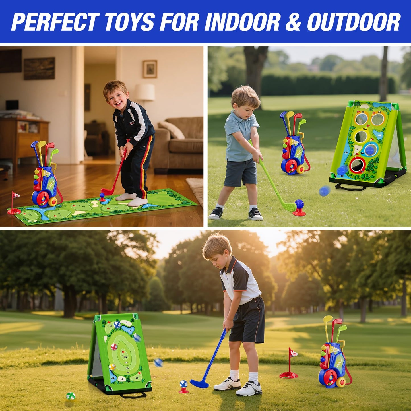 HYES 3 in 1 Toddler Golf Set with Putting Mat & Sticky/Golf Game, Kids Golf Club with 8 Balls, 4 Plastic Clubs, Scoreboard, Indoor Outdoor Sport Toys with Golf Cart Gift for Boys Girls Aged 2-5, Blue
