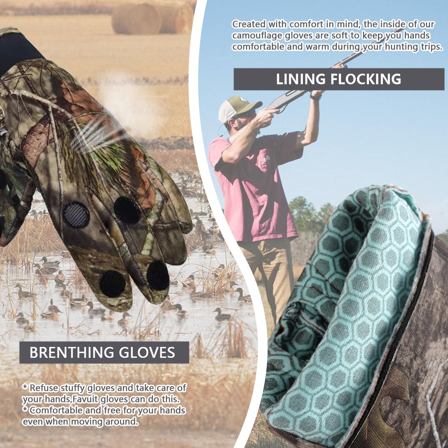 Favuit Camouflage Hunting Gloves, Lightweight Anti-Slip Full Finger Fingerless Touchscreen Camo Gloves Outdoor Tactical Hunting Gear Archery Accessories for Turkey Fishing Airsoft (Black L)
