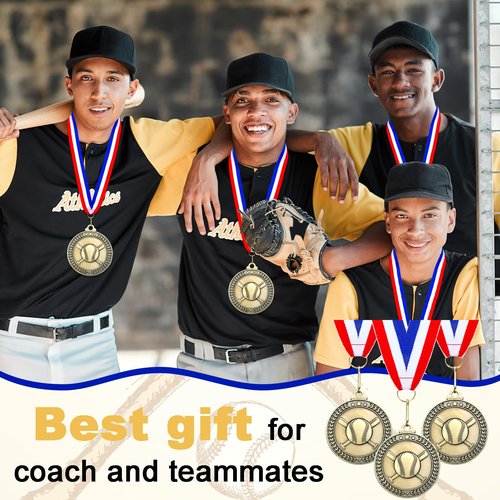 Remuuly 60 Pcs Gold Award Medals 2 Inch Soccer Baseball Volleyball Football Cheer Trophy Medals Metal Awards Bulk with Neck Ribbons Trophy Prize Gifts for Sports Competitions (Baseball)