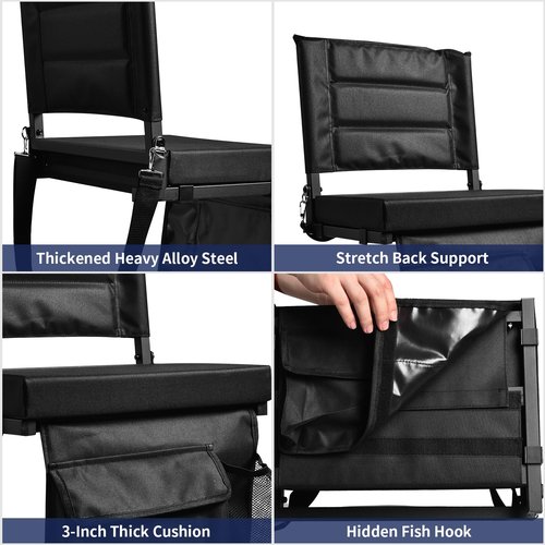 Stadium Seats with Back Support - Portable Foldable Stadium Seats, Adjustable Shoulder Straps, Cup Holder and Large Pocket Storage Stadium Upholstered Chair for Bleachers, Sporting Events, Black