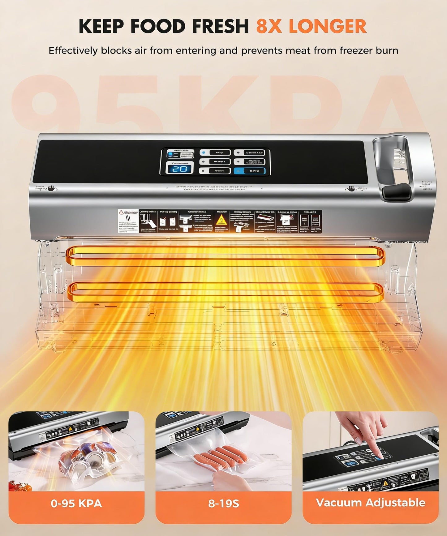 Food Vacuum Sealer Machine, 95KPa Powerful Food Saver with Dry/Moist/External Vacuum Modes, Built-in Cutter & Bag Storage, Single/Double Sealing, 1 Bag & 15 Pre-cut Bags（Silver）