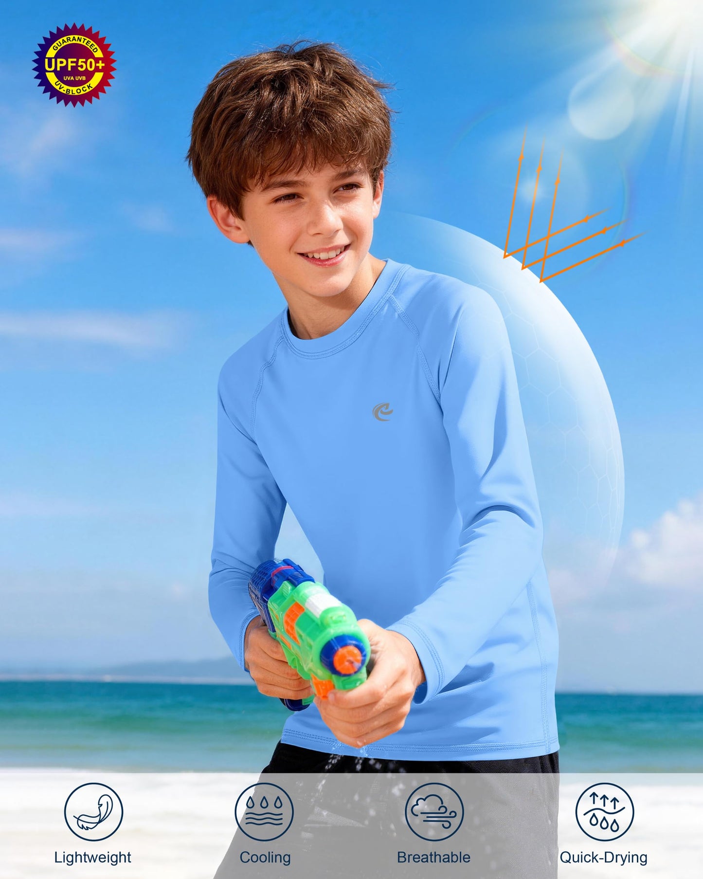 Boys UPF 50+ Swim Shirt Long Sleeve, 1 or 2 Pack UV Sun Protection Rash Guard, Youth Kids SPF Water Shirts for Beach Surf