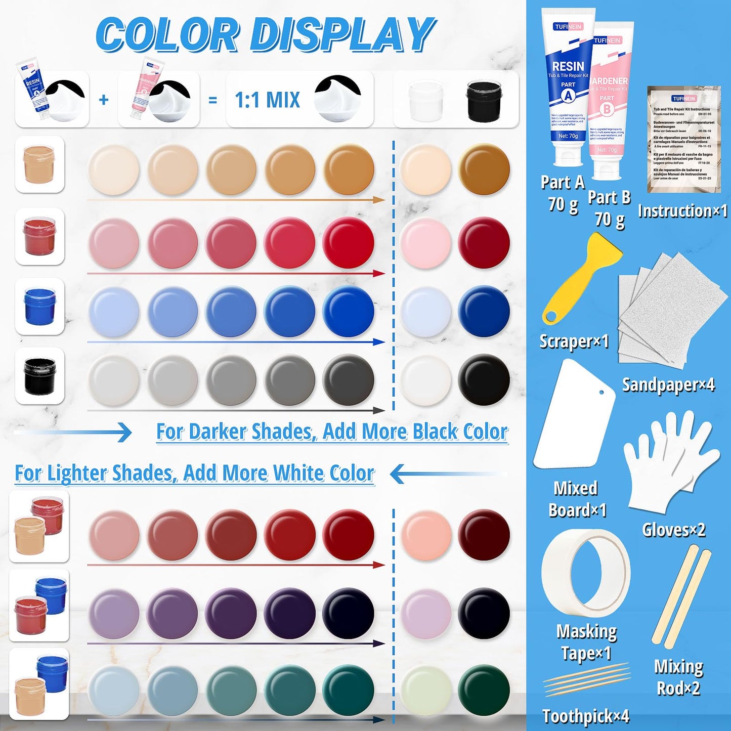 Bathtub Repair Kit 4.94oz (Color Match), TUFINEIN Porcelain Repair Kit for Fiberglass, Enamel, Ceramic, Acrylic Repair and Fix Chips, Cracks, Scratches, Holes on Tub/Tile/Sink/Shower Tray/Shower