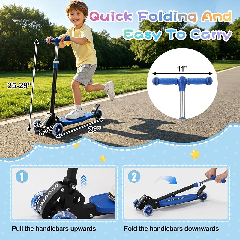 Toddler 3-Wheel Folding Scooter with LED Lights - 2-7 Years, Blue (Variation: Blue)