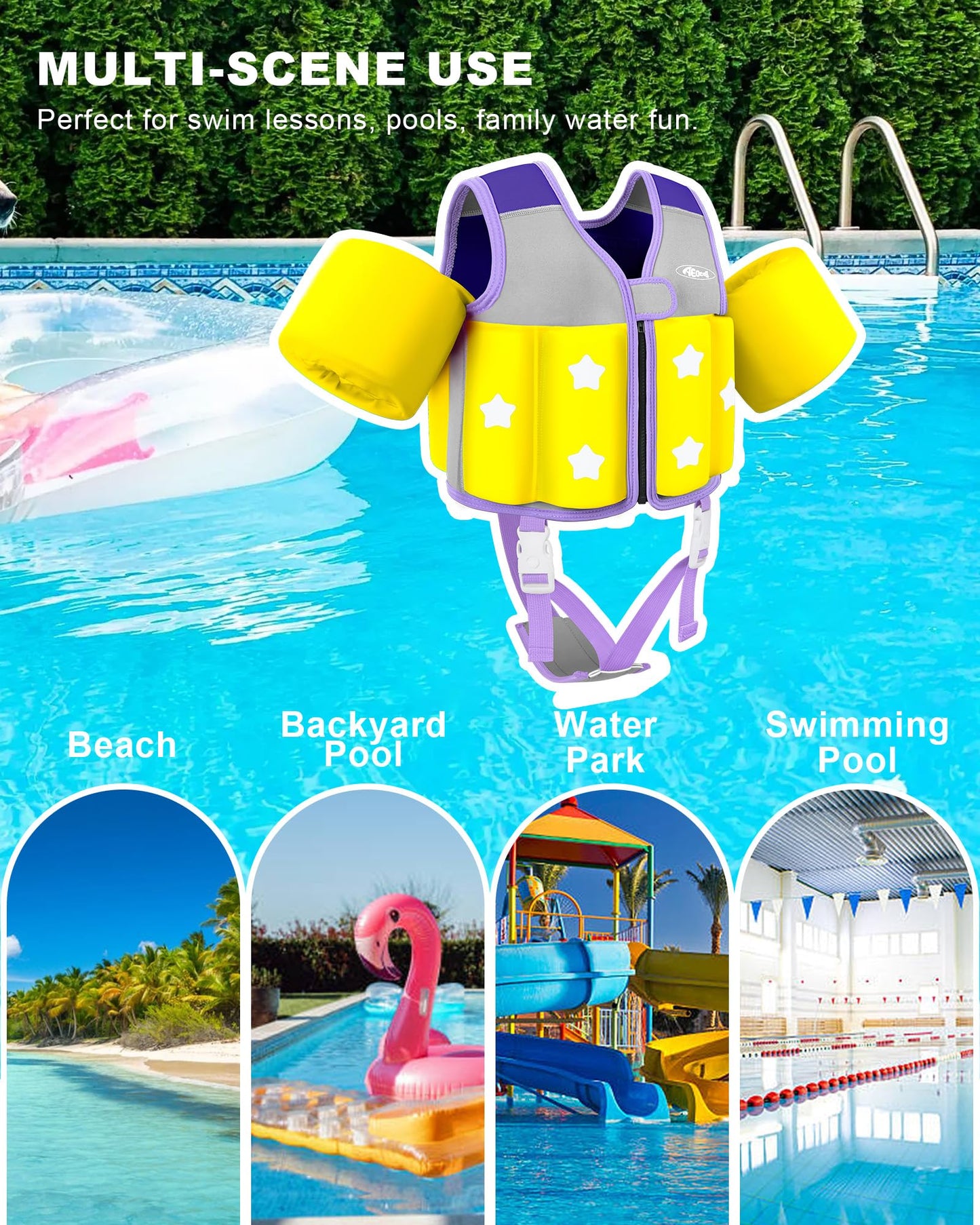 AEOCOO Kids Pool Floaties 1-2-3-5-7-9 Years Old, Toddler Swim Vest 20-30-50-70 Pounds, Comfortable Extended Wear Kids Float Jacket with Crotch Strap, Bright Design and Unpadded Sides, Purple