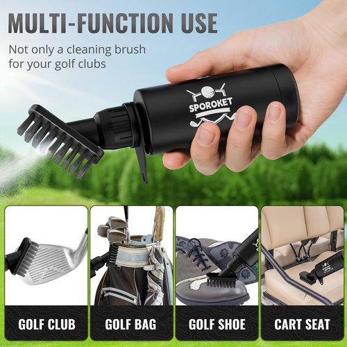 SPOROKET Pro Golf Club Brush Cleaner with Heavy Duty Retractable Clip and Squeeze Bottle for 4 oz of Water, Premium Golf Accessories for Men