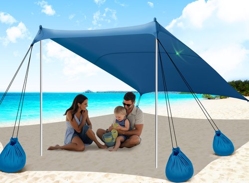 Vibemo Beach Tent, UPF50+ Sun Shelter, 10x10ft Outdoor Canopy with Sandbags, Ground Pegs, Stability Poles & Sand Shovel, Portable Sun Shade for Traveling, Camping, Fishing, Picnics & Backyard Fun