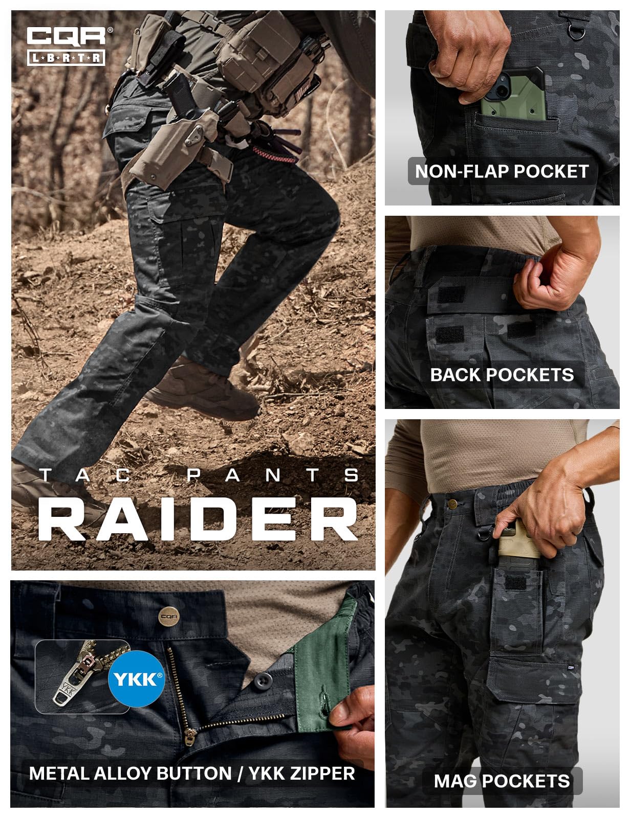 CQR Men's Tactical Pants, Water Resistant Ripstop Cargo Pants, Lightweight EDC Work Hiking Pants, Outdoor Apparel, Duratex Mag Pocket Print Utility Camo Black, 32W x 34L