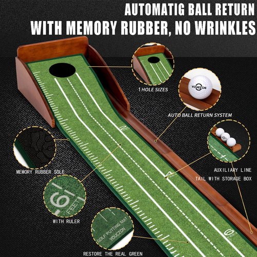 YOUCZON Putting Green Indoor, No Hump Golf Mat with Auto Ball Return - Easy to Fold Solid Wood Base, Luxurious Velvet Surface - Ideal for Home or Office and Golfers (Light Green 1 Hole)