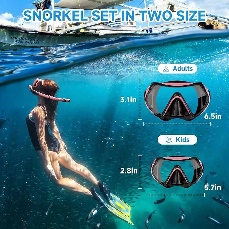 Qheng 180° Panoramic Snorkeling Mask & Dry Top Snorkel Set - Black+Pink