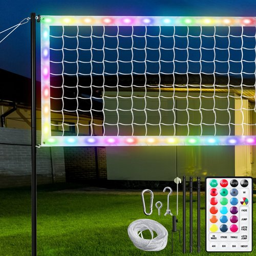 OHYEMO LED Volleyball Net Set, 32x3FT Light Up Volleyball Net Set with Adjustable Height Poles, Carry Bag & Remote, Glow in The Dark Heavy Duty Badminton Volleyball Net Set for Backyard Outdoor Game