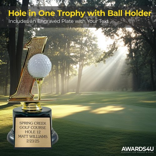 Hole in One Golf Trophy Customizable with Engraved Plate and Golf Ball Insert Holder - Custom Display for Hole in One - Funny Golf Award for Tournament Winner - 7 Inches Tall