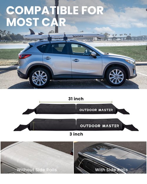 OutdoorMaster Universal Car Soft Roof Rack Pads, Car Rack for Kayak Surfboard SUP Canoe Include 4 Heavy Duty Tie Down Straps, 4 Tie Down Rope, 4 Quick Loop Strap and Storage Bag