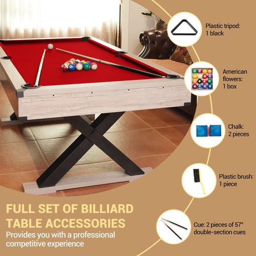 GarveeLife 7 FT Pool Table, Billiard Table with 2 Cue Sticks, Billiard Balls, Cues, Cleaning Brush, X-Legs, Black Cloth, Rustic Grey, 84" L x 46.5" W x 32.7" H