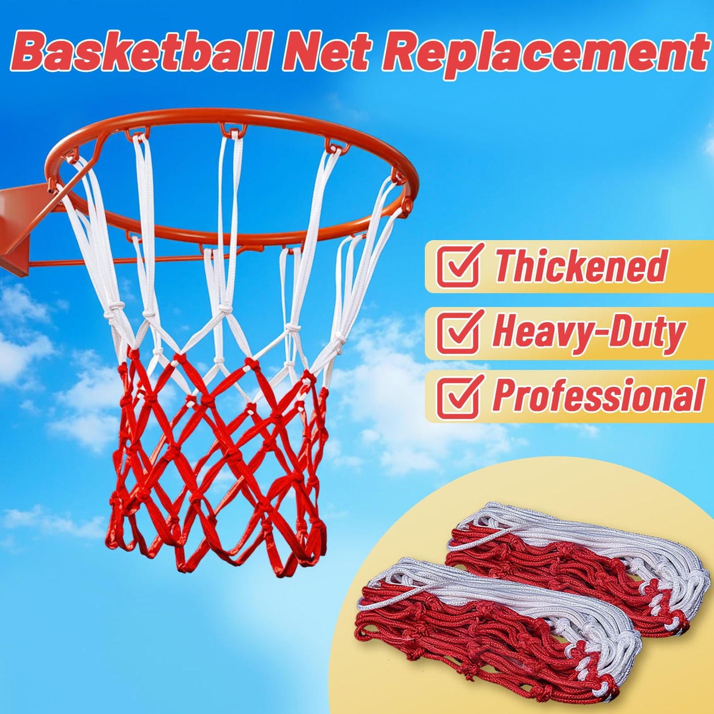 Basketball Net 2 Pack, Heavy Duty Basketball Net Replacement Weather Anti Whip Polyester Basketball Hoop Net Fits Standard Indoor Or Outdoor Court Use - Easy Install (Red White)