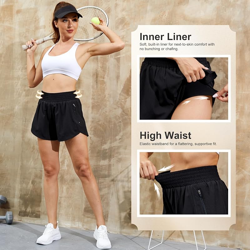 CE' CERDR 5 Pack Women’s High Waisted Running Shorts - Quick-Dry, 2 Zipper Pockets, Side Split