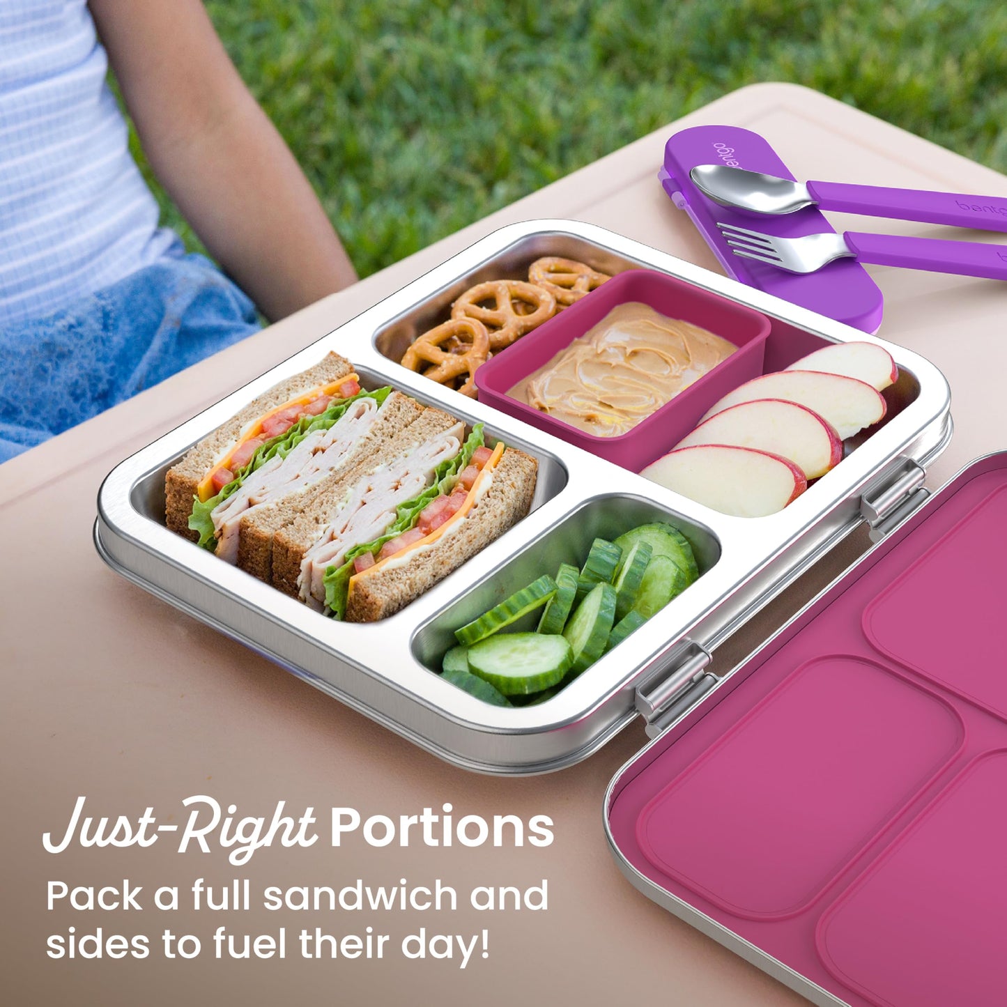 Bentgo Kids Stainless Steel Leak-Resistant Lunch Box - 3-Compartments with Bonus Silicone Container, Durable, Eco-Friendly, Dishwasher Safe, BPA-Free, Ideal for School, Ages 3+ (Fuchsia)