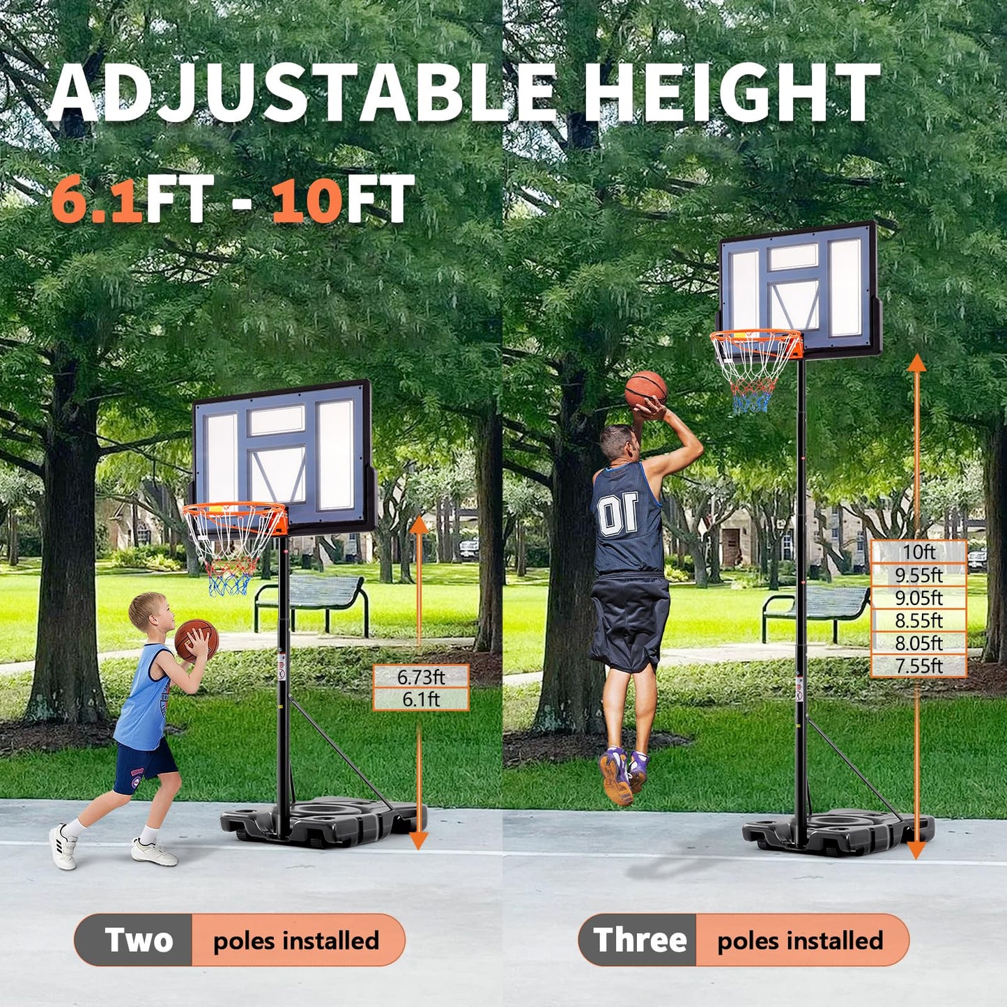 DUMOS 6.1-10FT Adjustable Height Portable Basketball Hoop Outdoor for Adult, 44 Inch Shatterproof Backboard w/Shock Absorbent Rim, Fillable Base, 2 Wheels for Swimming Pool/Indoor, Grey