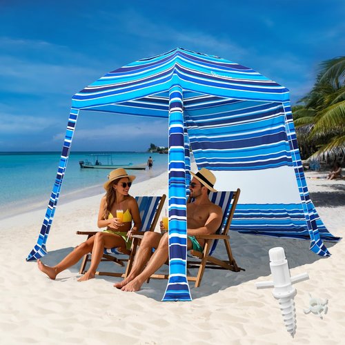 Grandekor Upgraded 6'×6' Pop Up Beach Canopy Tent for Family & Kids UPF 50+ Sun Shelter for Pool Camping with Sand Anchor Sidewall Dark Light Blue White Stripe
