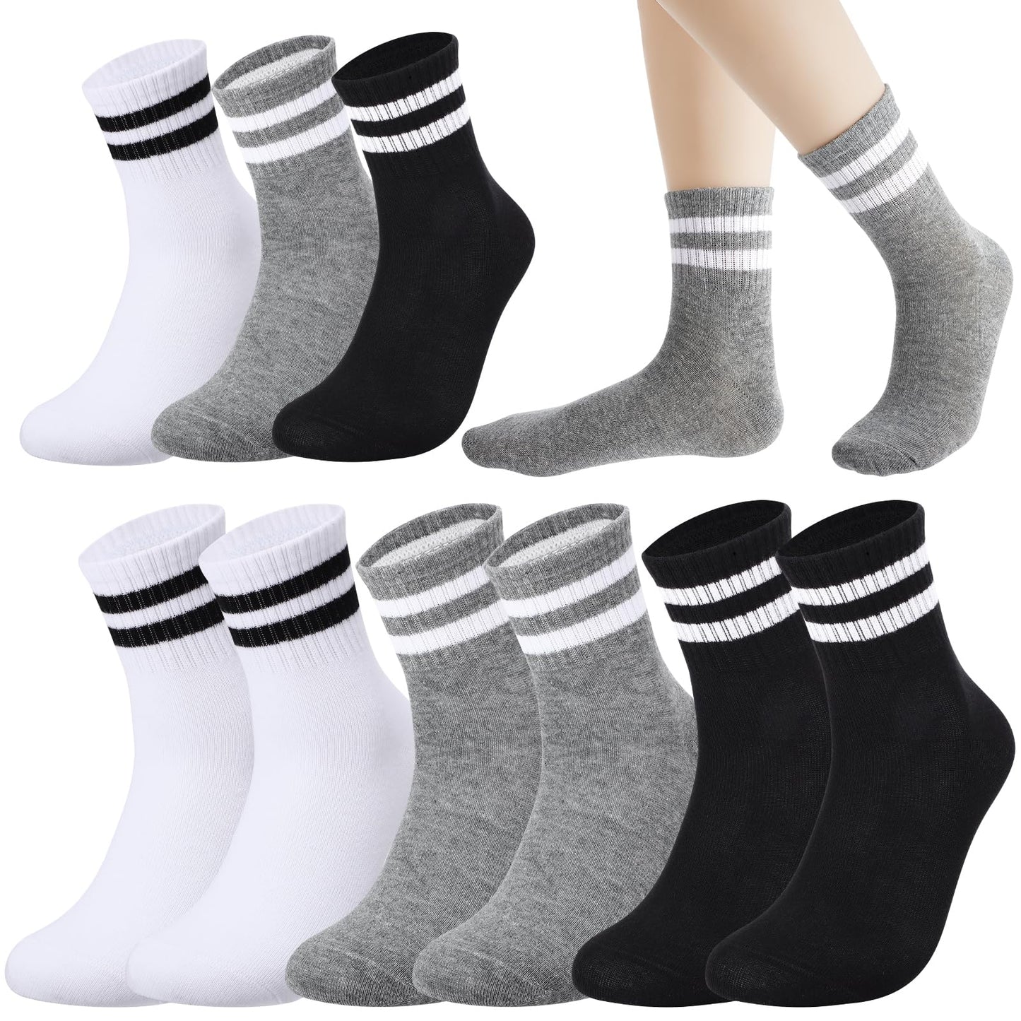 Jspupifip 6 Pairs Kids Striped Athletic Socks, Boys Girls Cotton Socks 6-12 Years, Classic Striped Crew Sports Sock for School Daily Wear