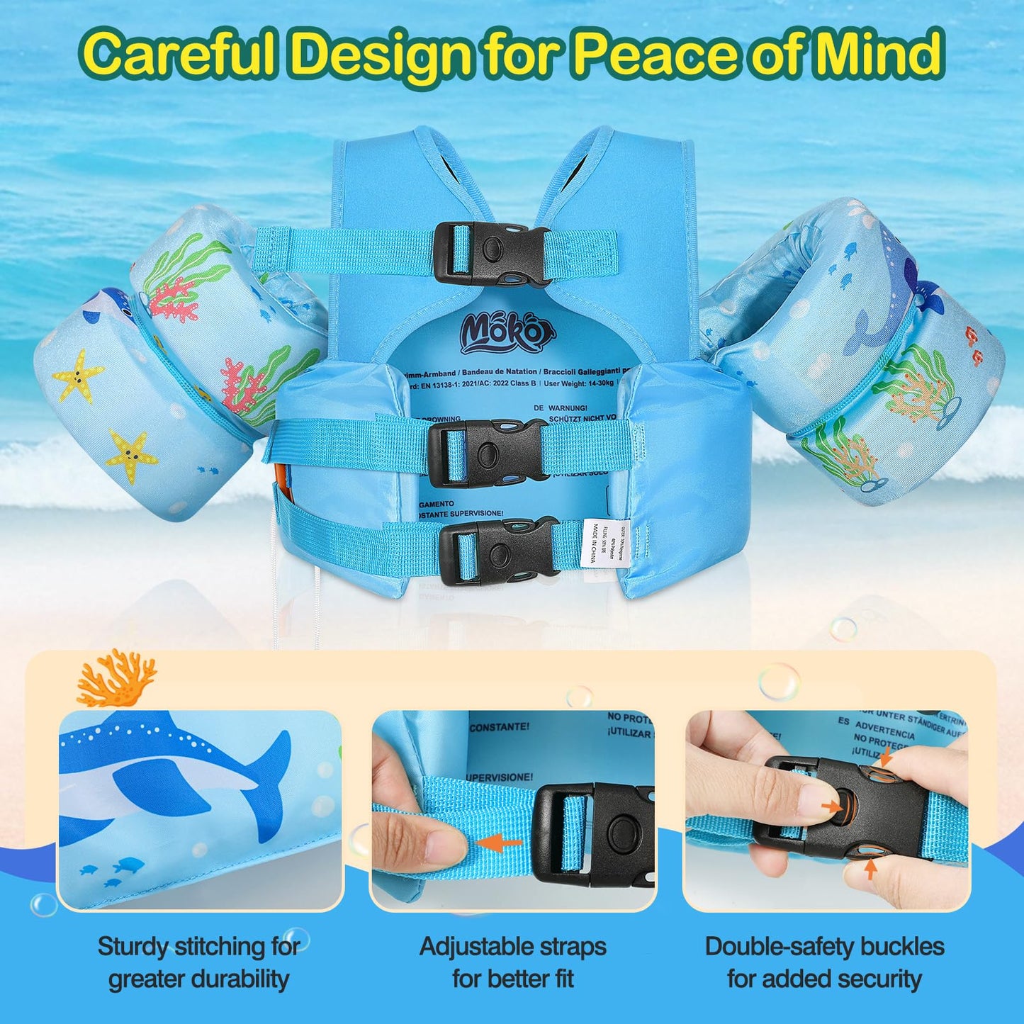 MoKo Toddler Swim Vest for Kids, Swim Arm Floaties 22-66 lbs Boys and Girls Cartoon Swimming Water Wings Pool Float Vests Sleeves Shoulder Straps Arm Band for Children Learn to Swim, Blue Shark