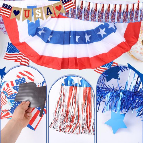 4th of July Car Parade Decorations Kit Patriotic Golf Cart Decor American Flags Bunting Pleated Fan Flag Metallic Stars Fringe Banner Garland Star Car Stickers for Independence Day Memorial Day