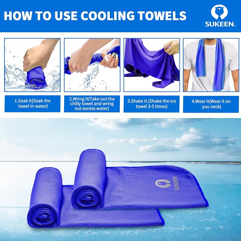 Sukeen 40x12 Inch Cooling Towels for Neck & Face - Blue/Grey/Royal Blue/Black, Reusable Sport Sweat Wrap