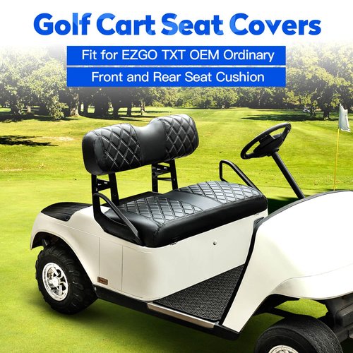 NOKINS 4PCS Golf Cart Diamond Seat Covers Kit, Front&Rear Seat Covers Fits EZGO TXT 1994-2013/EZGO RXV Standard Seat Cushion, EZGO Vinyl Seat Cover Accessories, No Staples(Black&Black Stitch)