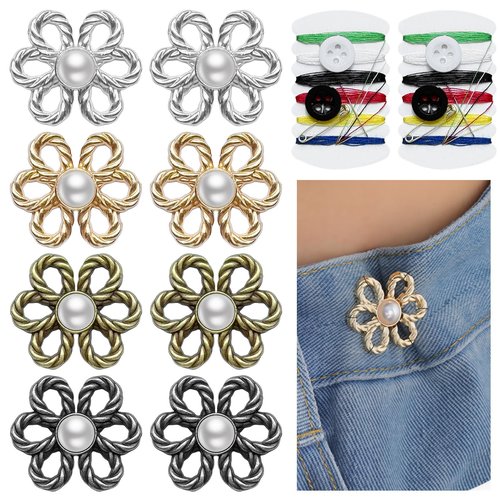 Femeng 8 Sets Pant Waist Tightener, Flower Adjustable Waist Tightener for Pants Women with Sewing Kit, Detachable Decorative Pants Clips for Waist, Jean Buttons Pins for Loose Jeans, Pants, Skirts