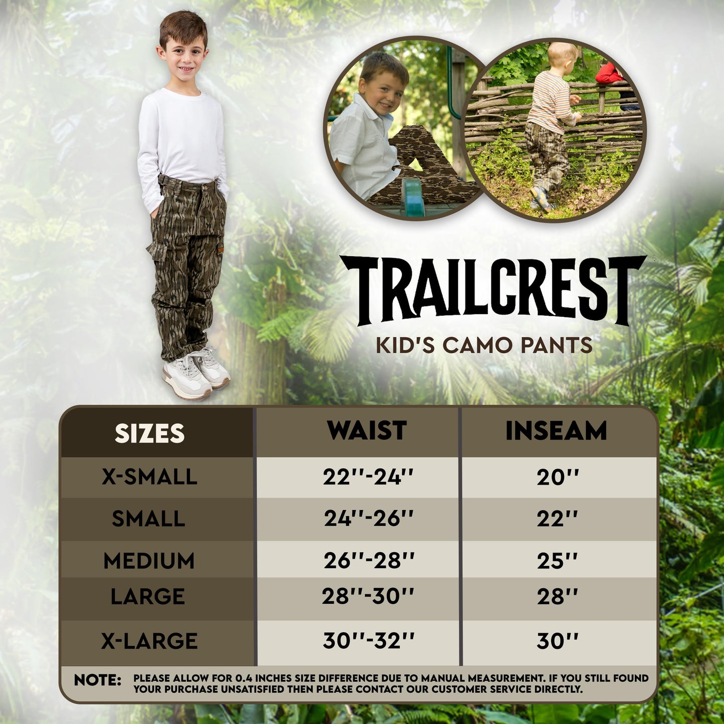 TrailCrest Youth Kids Camo Hunting Cargo Pants | 6 Pockets | Mossy Oak Bottomland, Large