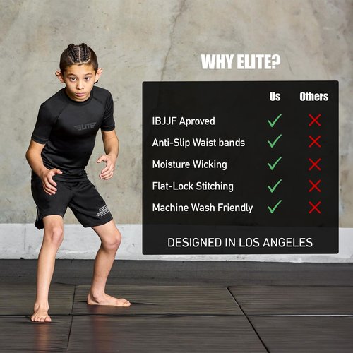 Elite Sports Kids Jiu Jitsu BJJ Rash Guard, Short Half Sleeve Compression Shirt for Youth Boys Girls Sports Nogi Training Black