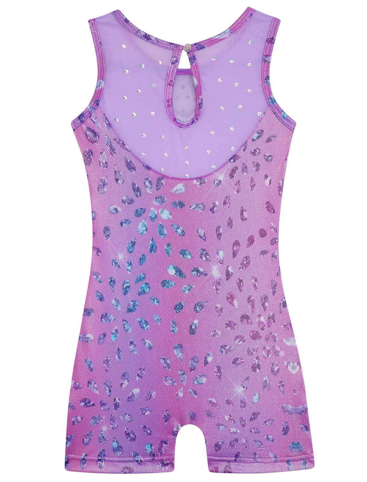 HOZIY Gymnastics Leotards for Girls Mesh Neckline with Iridescent Rhinestones Back Cut Out Sleeveless Size 5-6 Years Purple Diamonds Biketard Shorts Tumbling Outfits Toddler Kids Sparkly Shiny