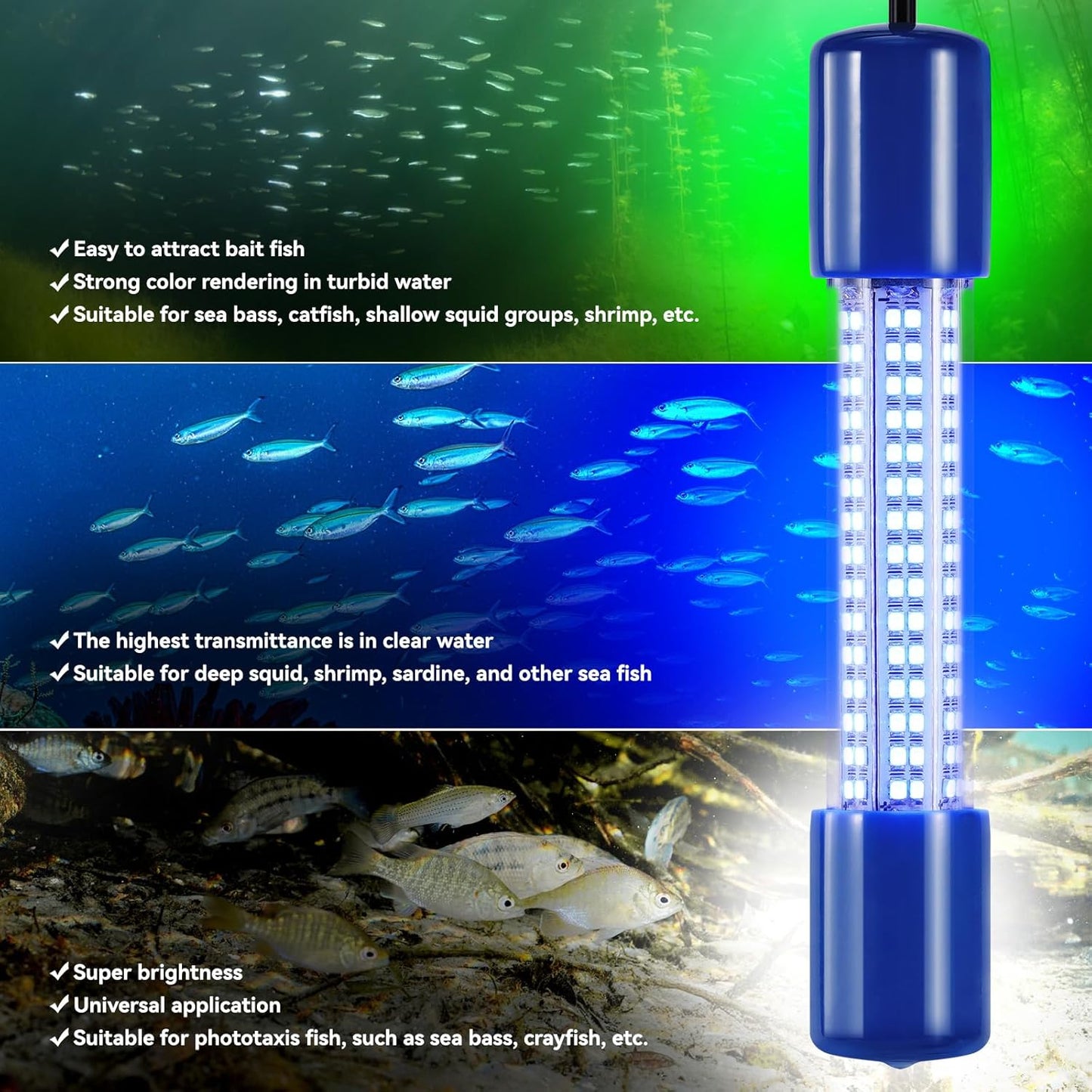 18W Underwater Fishing Light, IP68 Waterproof DC 12-24V LED Fish Bait Light Submersible Finder Attractants Lamp for Crappie Shrimp Squid Catfish + Battery Clamps, 16.4ft Cable Green/Blue/White Light