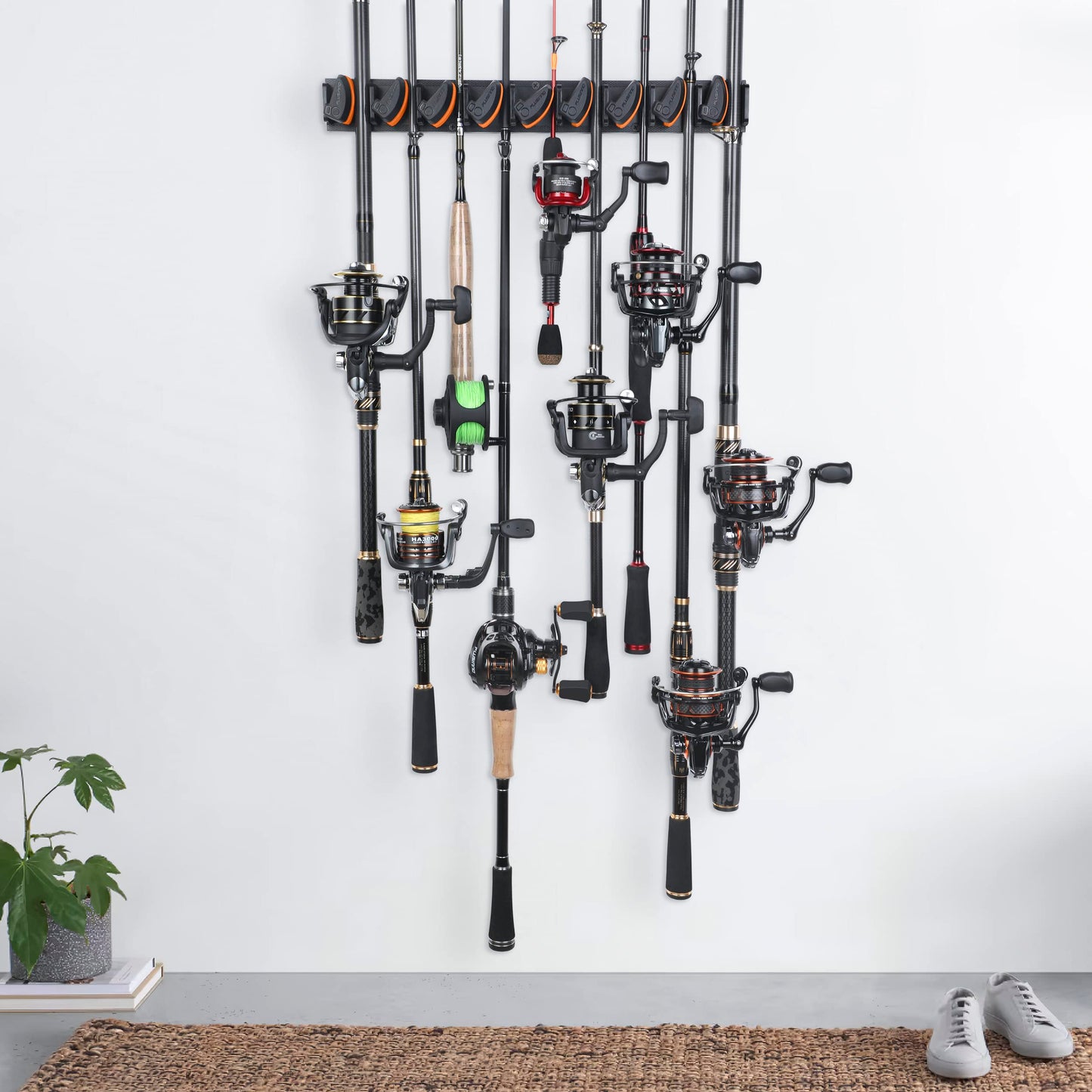 PLUSINNO V9 Vertical Fishing Rod Holders, 2 Packs Wall Mounted Fishing Pole Holders, Fishing Rod Racks Hold Up to 18 Rods or Combos, Fishing Pole Holders for Garage, Fishing Gear and Gifts for Men