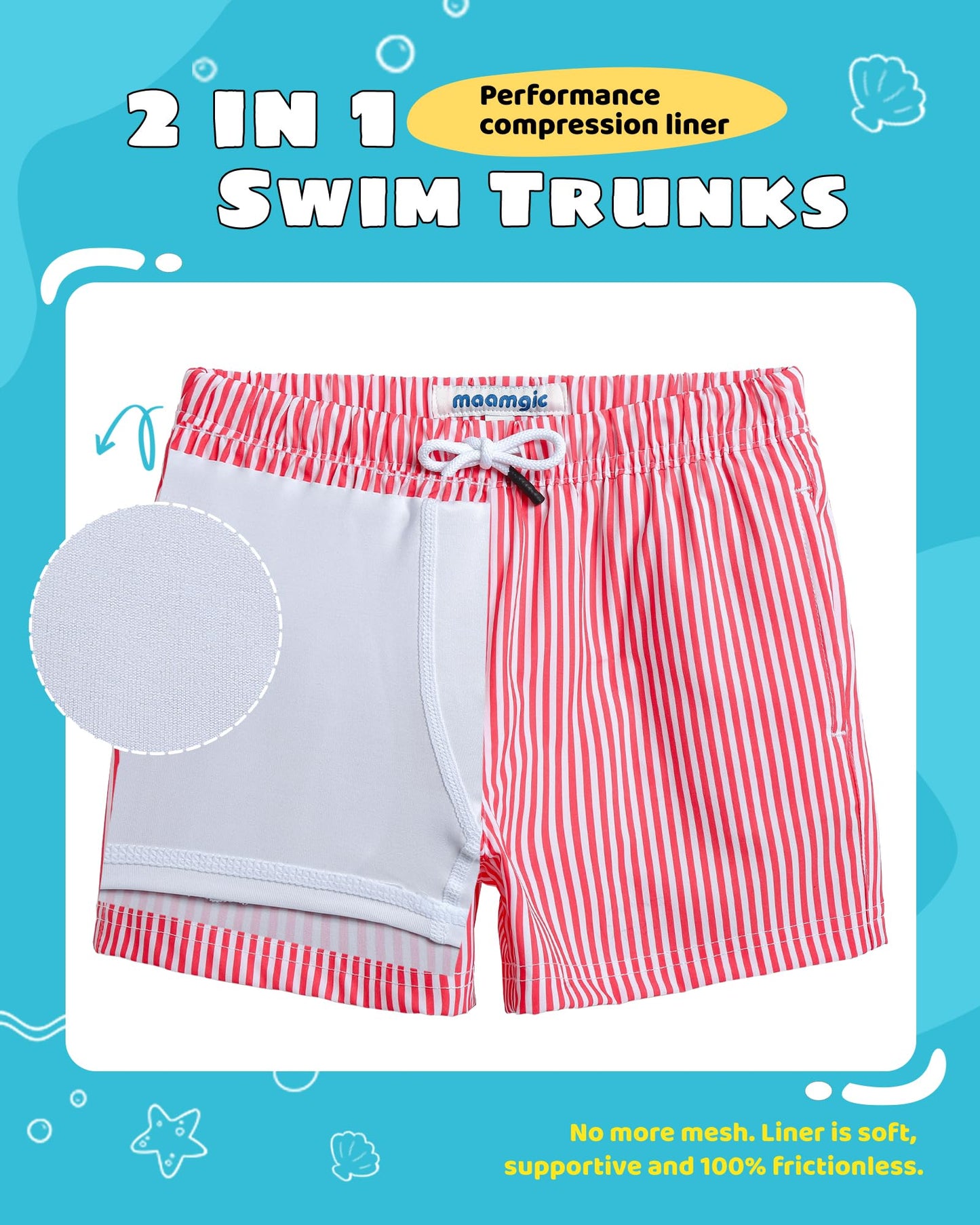 maamgic Boys Swim Trunks with Compression Liner Toddler Stretch Swim Shorts Quick Dry Swimming Trunks Boxer Brief 2 in 1 Beach Shorts Red Stripe 2T