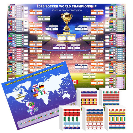 2026 World Soccer Tournament Extra Large Schedule Poster 43"x32", 2Pcs Gifts Set with 384 Stickers and Predict Champion Cup Winner, Tracker Bracket Wall Chart for Sports Fans Party Decorations