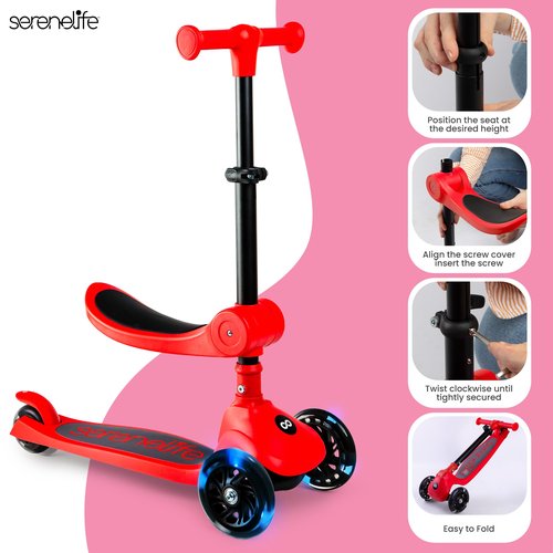 SereneLife 3 Wheel Foldable Kids Scooter - Foldable Seat, LED Wheel Lights, Adjustable Handlebar, Rear Foot Brake, Lean-to-Steer, Anti-Slip Deck, Ideal for Toddlers Kids 3+, up to 110Lbs, Red