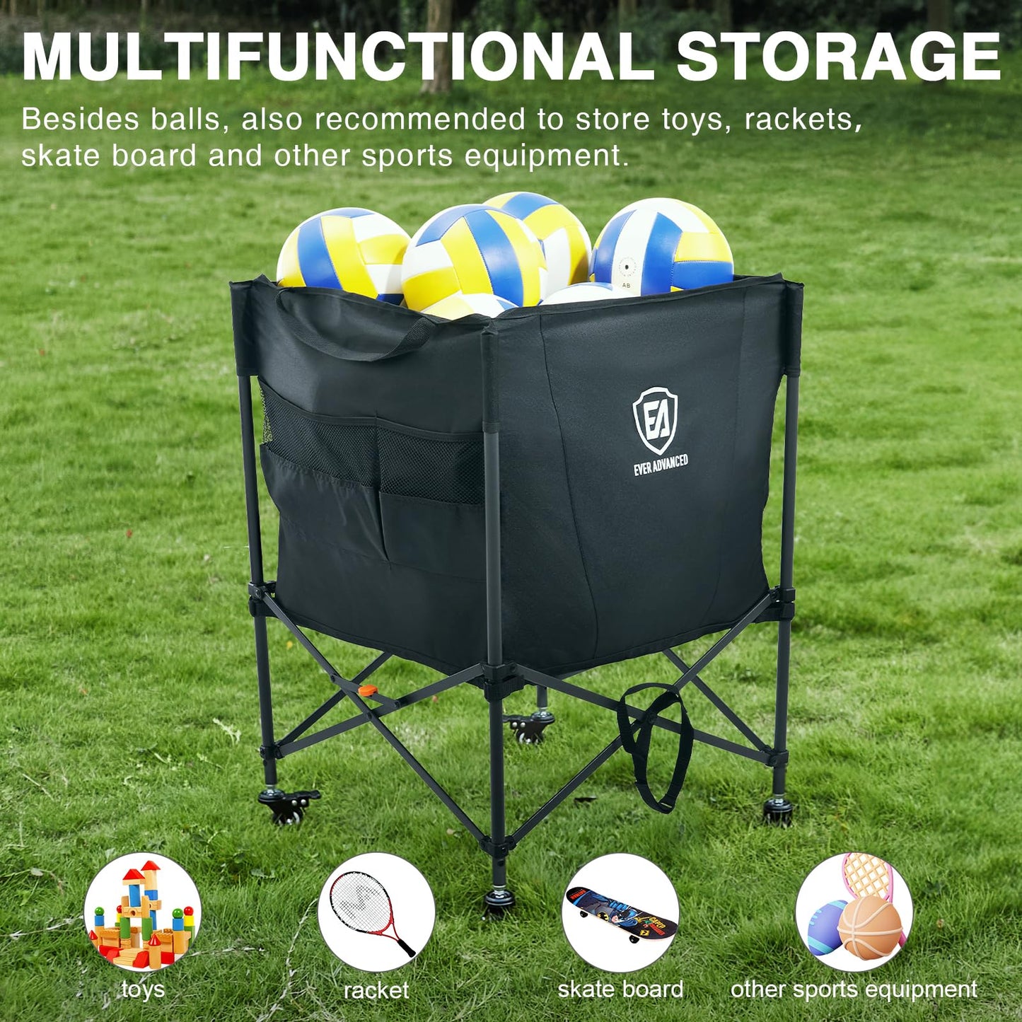 EVER ADVANCED Rolling Ball Storage Cart Lockable Wheels, 33x22.8in/45x25in Collapsible Garage Sports Equipment Organizer for Volleyball Basketball Tennis Toy Storage Multi-Sport Family Gym