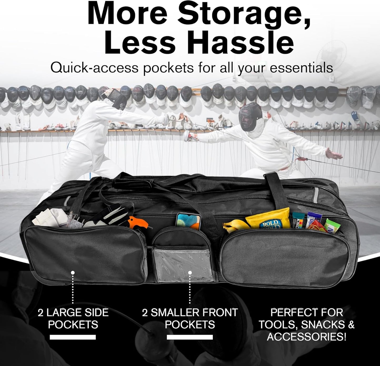 Two Compartment Fencing Bag, Wheeled Sports Equipment Bag for Foil Epee and Saber, Travel Gear, Competition Roll Bag with Straps, Elite Competition Team Bag Adjustable Compartments