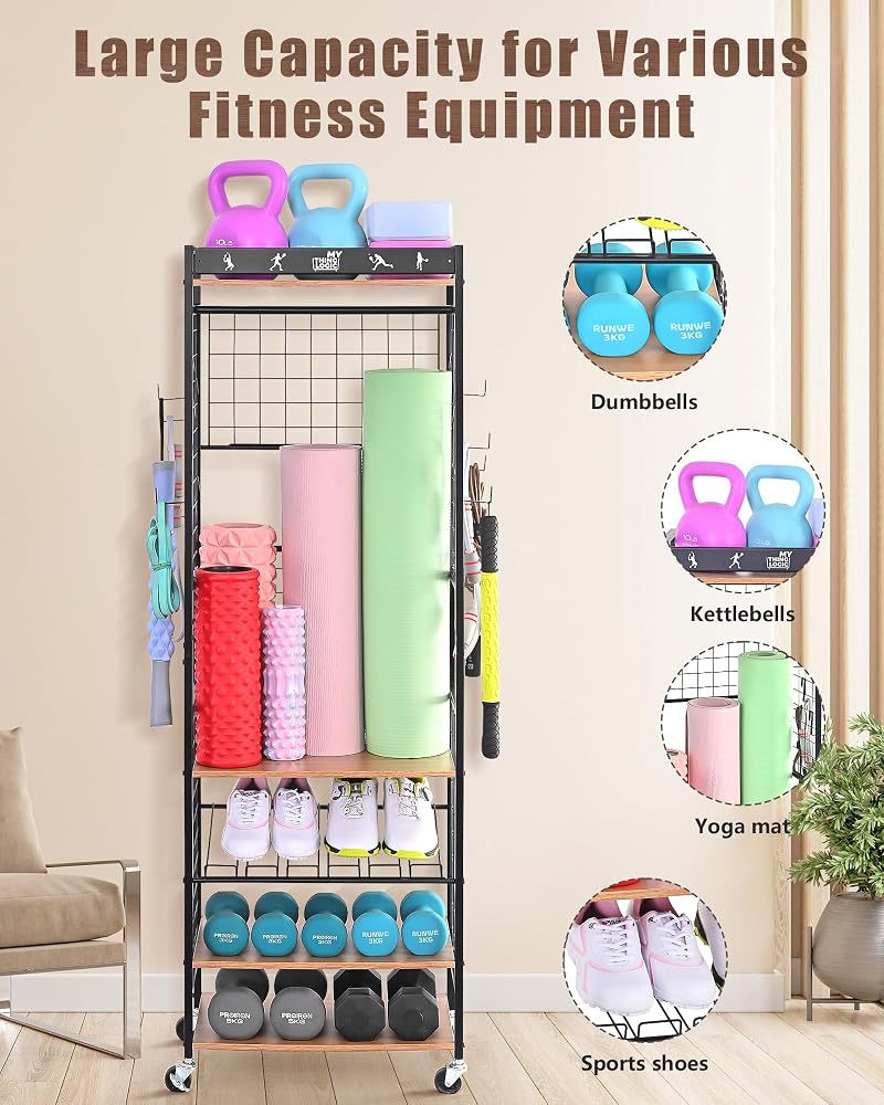 Mythinglogic Home Gym Storage Rack with Wheels (Dumbbells & Yoga Mats) - Black+Wood