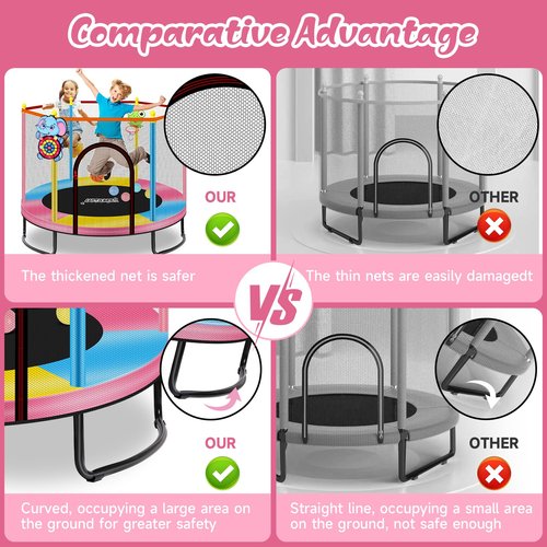 LASTJUMPER 60" Pink Indoor Trampoline for Kids 2-5, 5ft Mini Indoor & Outdoor Small Toddler Trampoline with Basketball Hoop, Dart Board, Ocean Ball,Baby Toys, Birthday Gifts for Kids