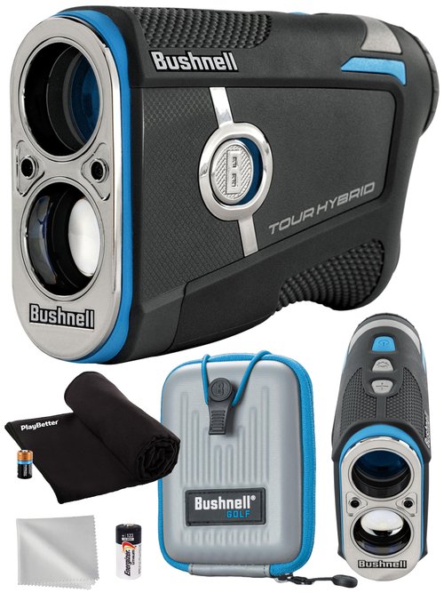 Bushnell Golf Tour Hybrid Onboard & Slope GPS Golf Rangefinder Bundle - PinSeeker with JOLT, 6X Mag with Premium Carrying Case, Microfiber Cloth, PlayBetter Microfiber Towel & Extra CR2 Battery