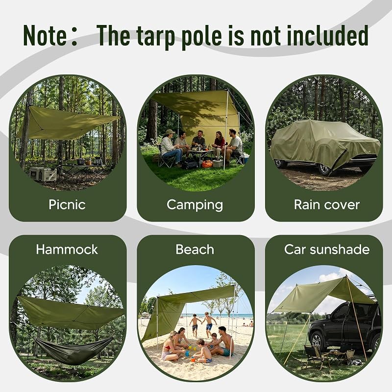 17x10 ft Large Waterproof Camping Tarp with PU6000mm Rain Fly - UPF100+ Sun Protection, Lightweight Canopy for Outdoor Camping (Army Green)