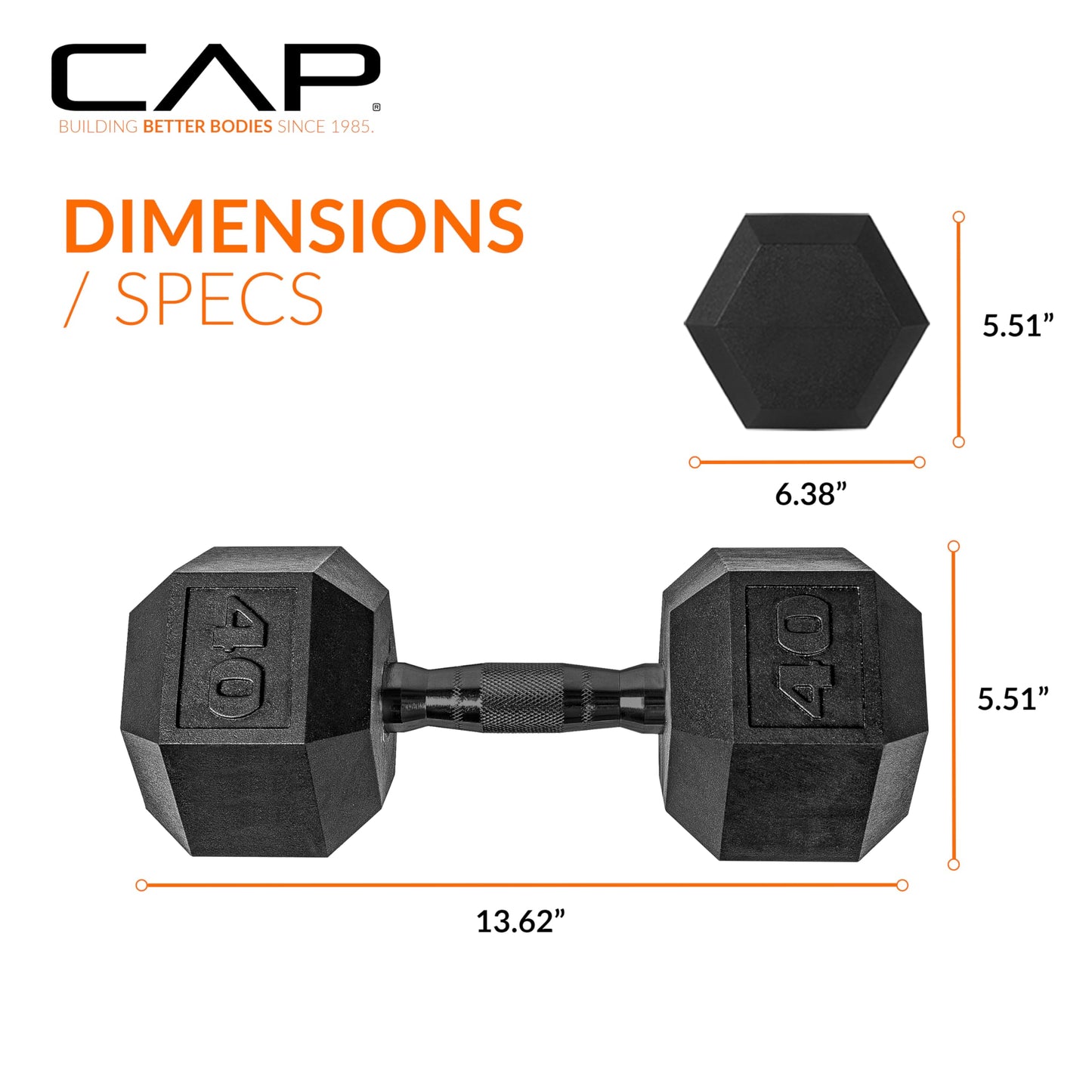 CAP 40 LB Rubber Coated Hex Dumbbell Weight, Rubber Free Weights for Home Gym Strength Training, Black Oxide Handle, Single