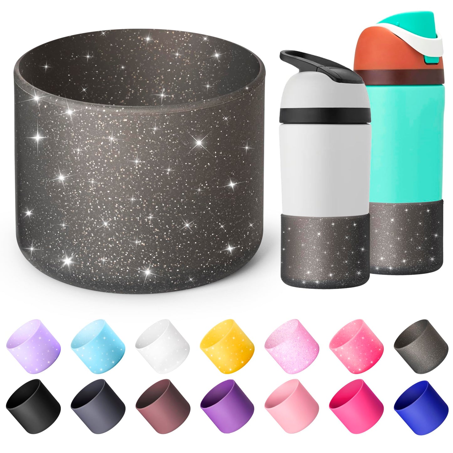 Diumepo Silicone Water Bottle Boot for Owala 14/16oz, Anti-Slip Protective Sleeve Bottom Bumper Protector for Owala 12 oz Tumbler, Flip 14 oz and FreeSip 16 oz Water Bottle (Glitter Black)