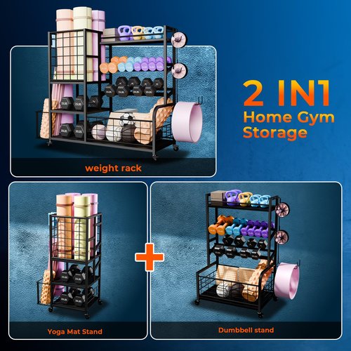 XXL Dumbbell Rack Weight Stand - 4-Tier Adjustable Heavy Duty Weight Rack for Dumbbells, Home Gym Storage Rack for Kettlebell, Balls,Yoga Mat Holder, Workout Equipment Storage Organizer with Wheels