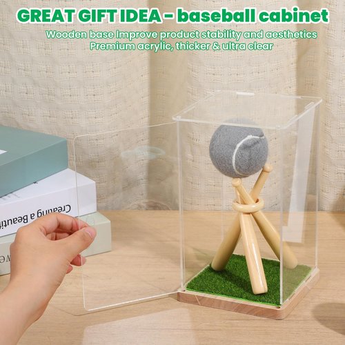 Game Ball Display Case with Baseball Holders for Display, Wooden Base & UV Protected Acrylic Box for Autographed Balls, Memorabilia, or Collectibles - Side Opening Door Design (5.12" x 5.12" x 8.46")