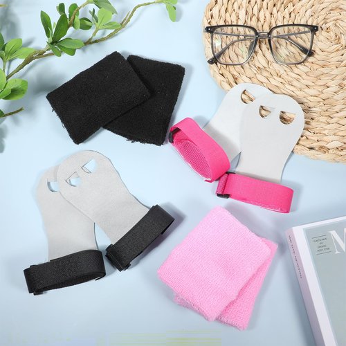 AOZUO 4 Gymnastics Gloves for Bars Girls, Gymnastics Grips Wristbands Sets Pink Black Gymnastic Hand Grips with Wristbands Gymnastic Bar Palm Protection Wrist Support for Kids Workout Exercise(S)