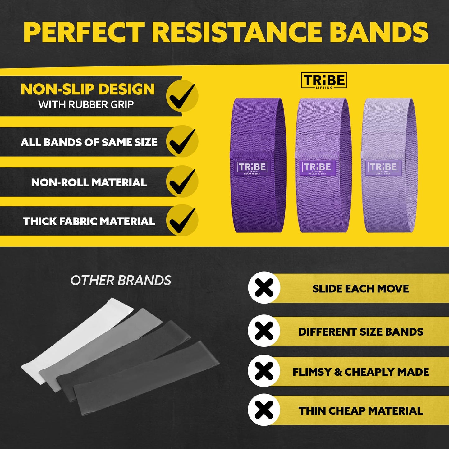 Tribe Lifting Resistance Bands for Working Out - 3 Pack Fabric Workout Bands for Women and Men - Booty Bands for Legs and Glute - Non Slip Exercise Bands Set for Squat Hip Thigh (Purple)